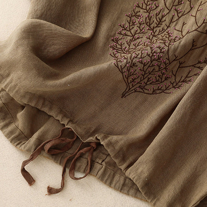 Buddha Stones Casual Embroidery Tree Drawstring Women's Crew Neck Design Half Sleeve Cotton Linen T-Shirt - image 20