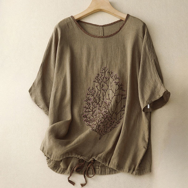 Buddha Stones Casual Embroidery Tree Drawstring Women's Crew Neck Design Half Sleeve Cotton LinenT-Shirt