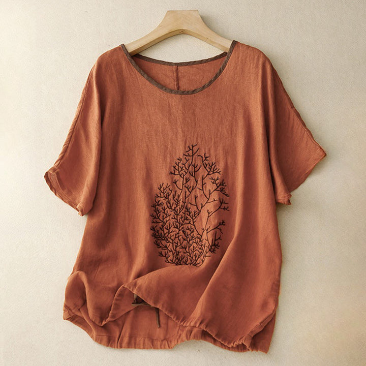 Buddha Stones Casual Embroidery Tree Drawstring Women's Crew Neck Design Half Sleeve Cotton LinenT-Shirt