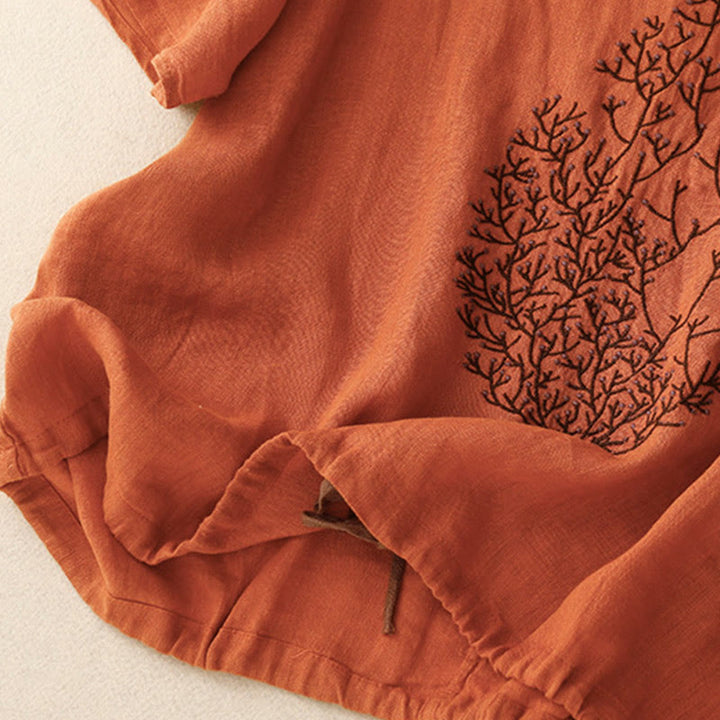 Buddha Stones Casual Embroidery Tree Drawstring Women's Crew Neck Design Half Sleeve Cotton Linen T-Shirt - image 23