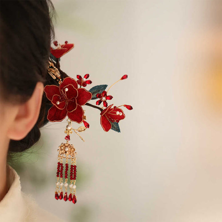 Buddha Stones Classical Chinese Style Red Flower Butterfly Tassel Hair Comb Hairpin