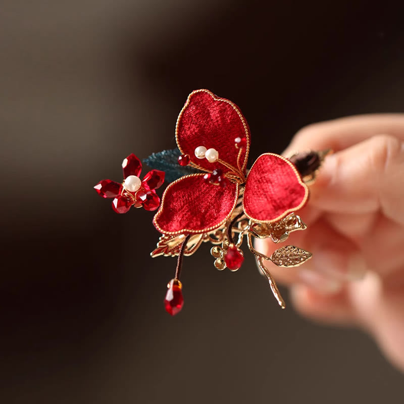 Buddha Stones Classical Chinese Style Red Flower Butterfly Tassel Hair Comb Hairpin