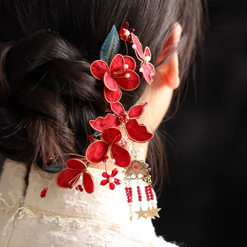 Buddha Stones Classical Chinese Style Red Flower Butterfly Tassel Hair Comb Hairpin