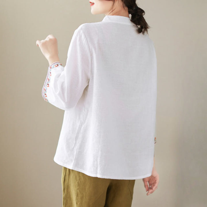 Buddha Stones Casual Jacquard Frog-Button Women's Crew Neck Design Three Quarter Sleeve Cotton Linen Shirt