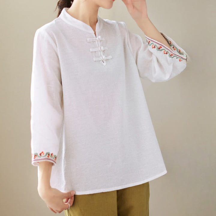 Buddha Stones Casual Jacquard Frog-Button Women's Crew Neck Design Three Quarter Sleeve Cotton Linen Shirt