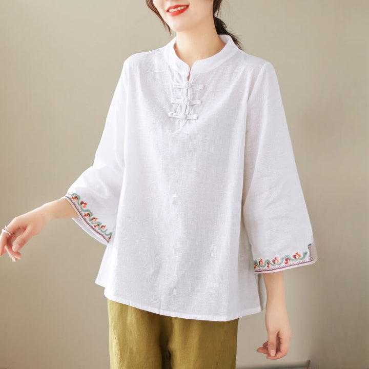 Buddha Stones Casual Jacquard Frog-Button Women's Crew Neck Design Three Quarter Sleeve Cotton Linen Shirt - White - US8-10，UK/AU12-14，EU40-42 (2XL) - image 0