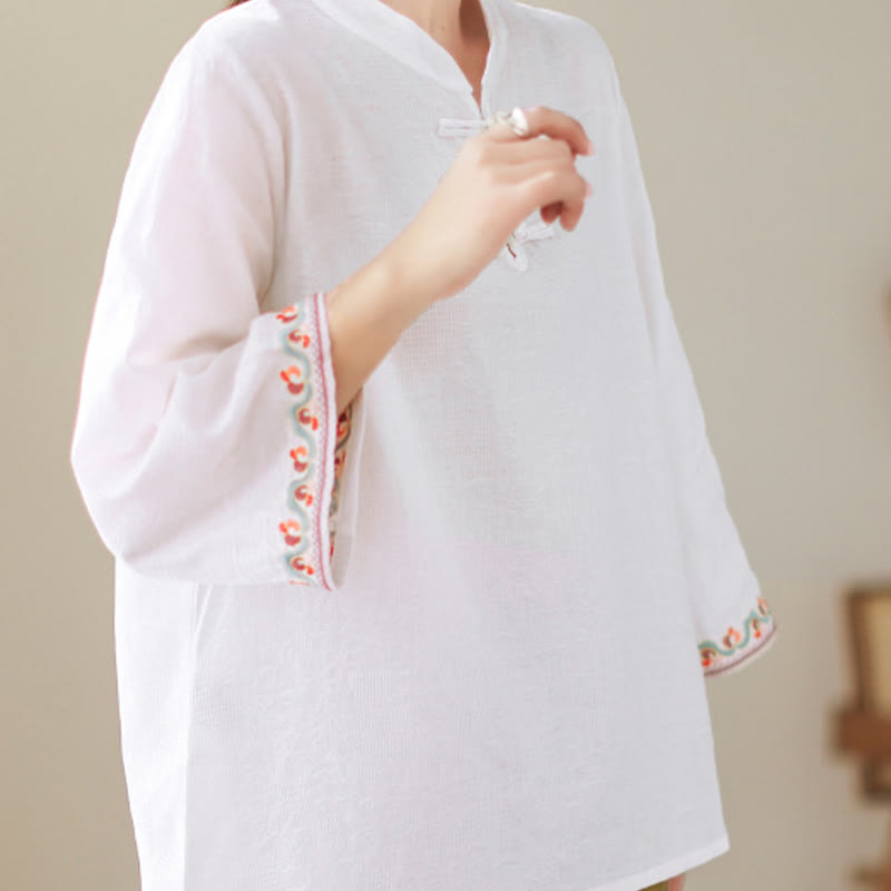 Buddha Stones Casual Jacquard Frog-Button Women's Crew Neck Design Three Quarter Sleeve Cotton Linen Shirt - image 2