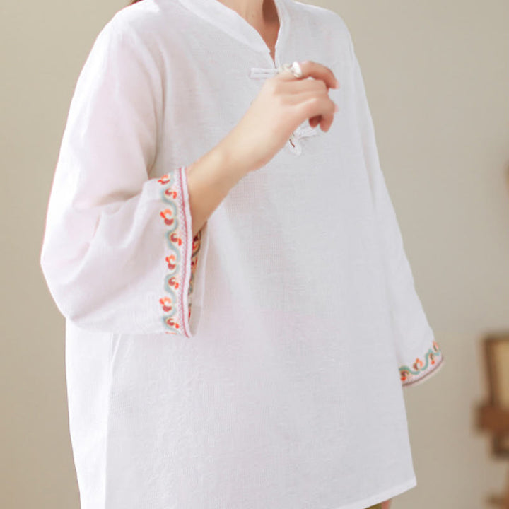 Buddha Stones Casual Jacquard Frog-Button Women's Crew Neck Design Three Quarter Sleeve Cotton Linen Shirt