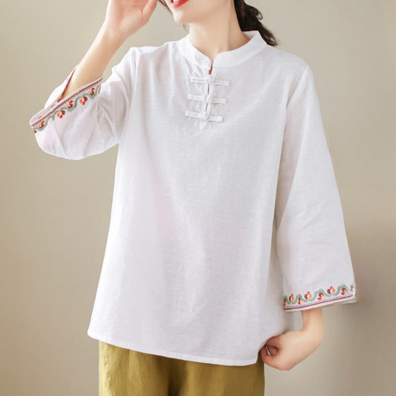 Buddha Stones Casual Jacquard Frog-Button Women's Crew Neck Design Three Quarter Sleeve Cotton Linen Shirt