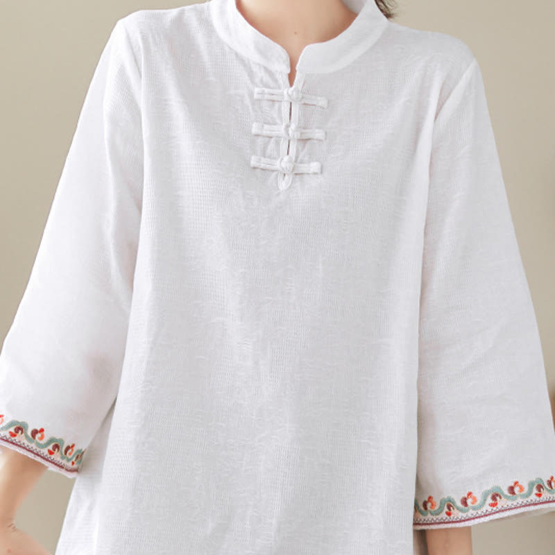 Buddha Stones Casual Jacquard Frog-Button Women's Crew Neck Design Three Quarter Sleeve Cotton Linen Shirt