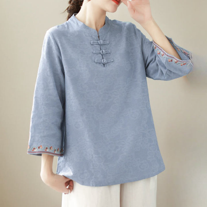 Buddha Stones Casual Jacquard Frog-Button Women's Crew Neck Design Three Quarter Sleeve Cotton Linen Shirt