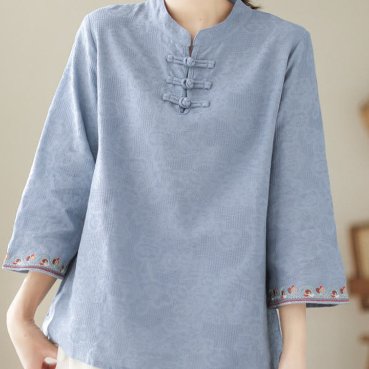 Buddha Stones Casual Jacquard Frog-Button Women's Crew Neck Design Three Quarter Sleeve Cotton Linen Shirt