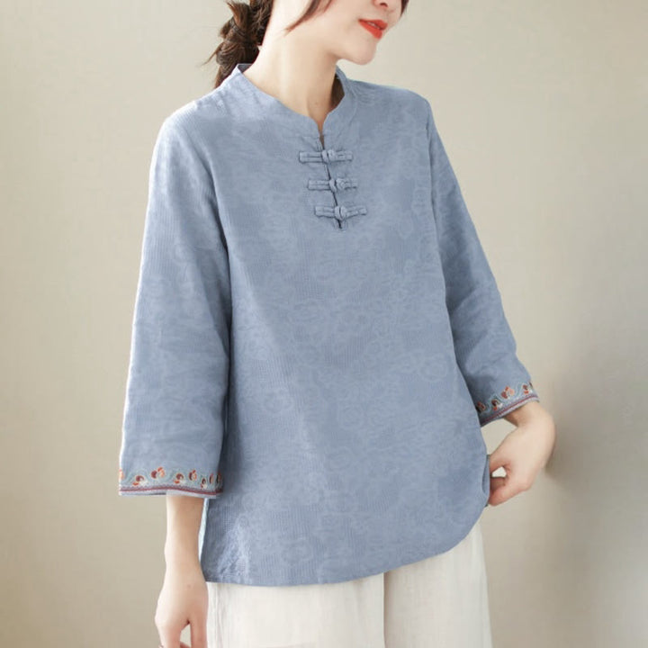 Buddha Stones Casual Jacquard Frog-Button Women's Crew Neck Design Three Quarter Sleeve Cotton Linen Shirt