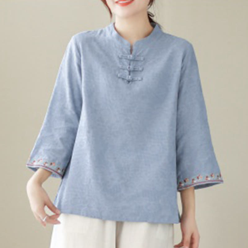 Buddha Stones Casual Jacquard Frog-Button Women's Crew Neck Design Three Quarter Sleeve Cotton Linen Shirt - image 14