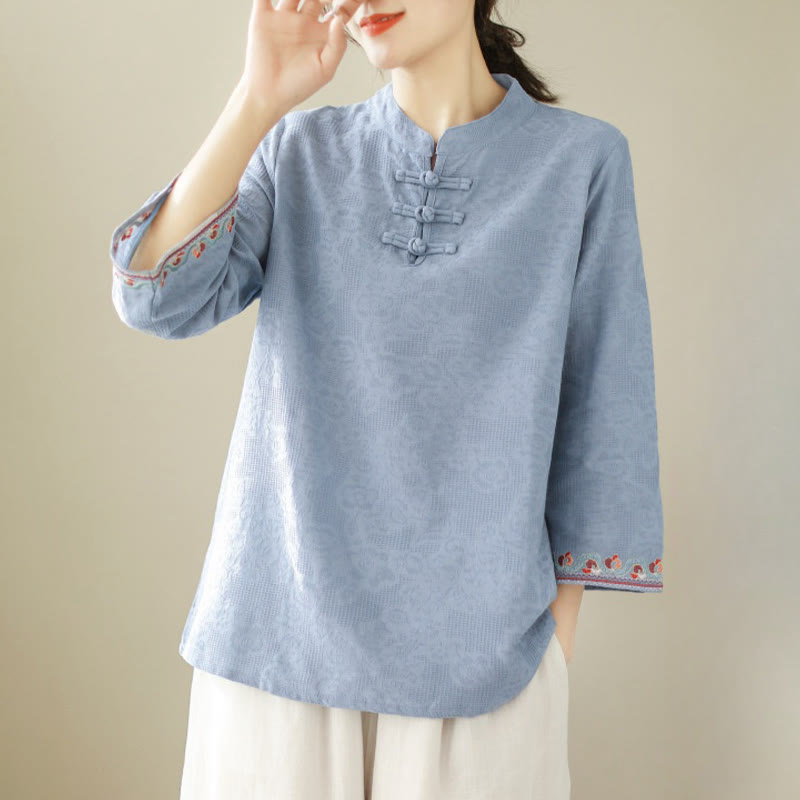 Buddha Stones Casual Jacquard Frog-Button Women's Crew Neck Design Three Quarter Sleeve Cotton Linen Shirt