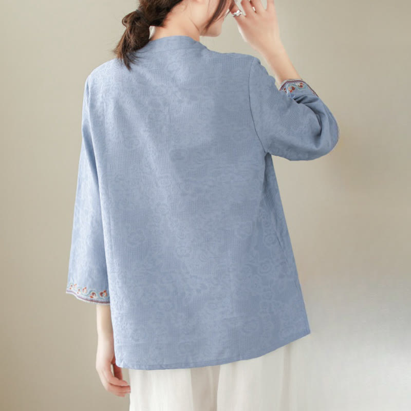 Buddha Stones Casual Jacquard Frog-Button Women's Crew Neck Design Three Quarter Sleeve Cotton Linen Shirt