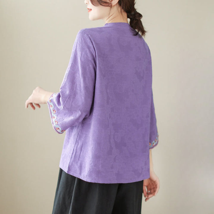 Buddha Stones Casual Jacquard Frog-Button Women's Crew Neck Design Three Quarter Sleeve Cotton Linen Shirt - image 21
