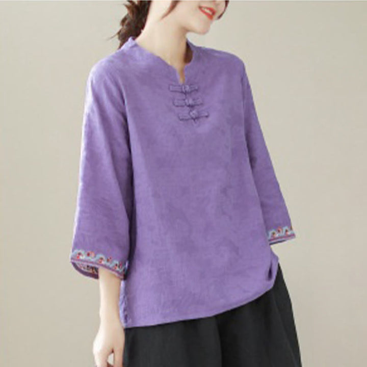 Buddha Stones Casual Jacquard Frog-Button Women's Crew Neck Design Three Quarter Sleeve Cotton Linen Shirt