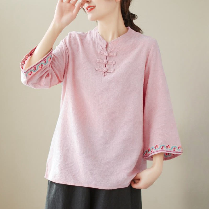 Buddha Stones Casual Jacquard Frog-Button Women's Crew Neck Design Three Quarter Sleeve Cotton Linen Shirt - Pink - US8-10，UK/AU12-14，EU40-42 (2XL) - image 27