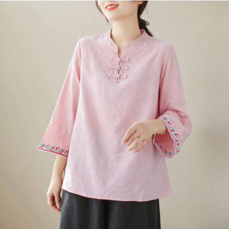 Buddha Stones Casual Jacquard Frog-Button Women's Crew Neck Design Three Quarter Sleeve Cotton Linen Shirt