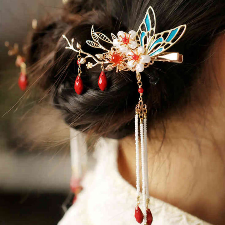 Buddha Stones Classical Chinese Style Flower Branche Butterfly Pearl Tassel Hair Clip Hairpin Hair Crown