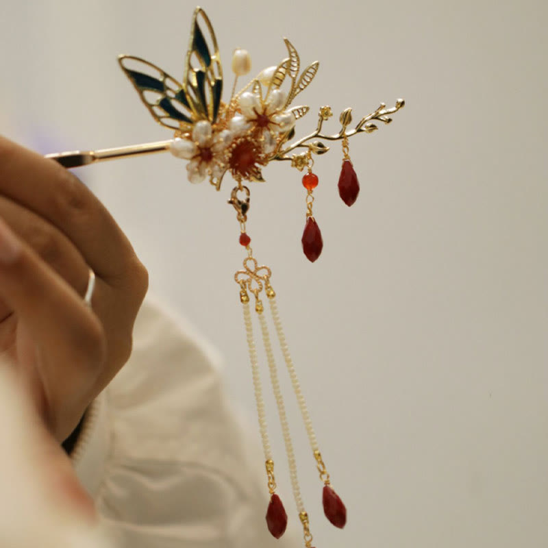 Buddha Stones Classical Chinese Style Flower Branche Butterfly Pearl Tassel Hair Clip Hairpin Hair Crown