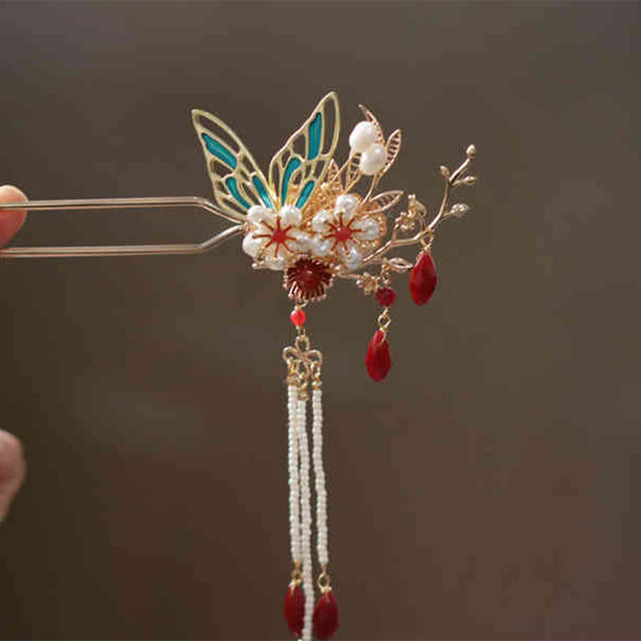 Buddha Stones Classical Chinese Style Flower Branche Butterfly Pearl Tassel Hair Clip Hairpin Hair Crown