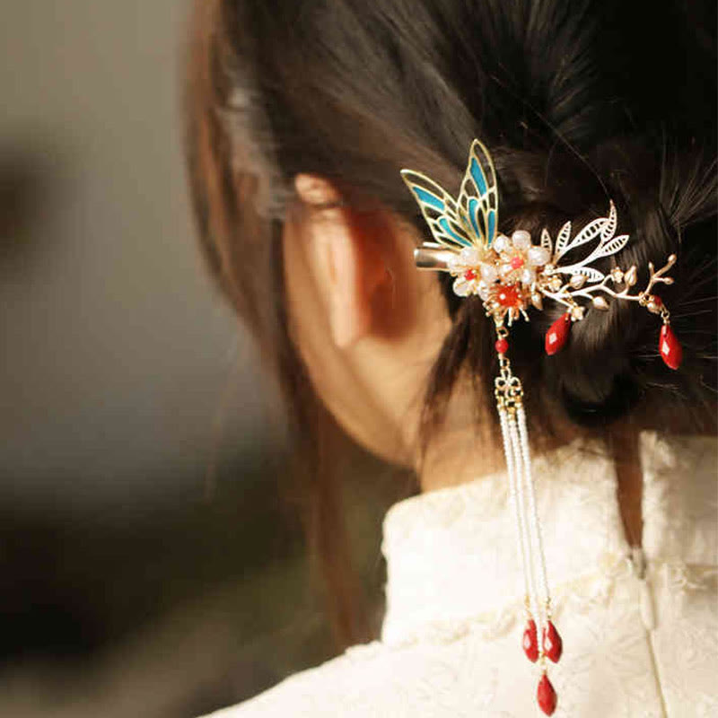 Buddha Stones Classical Chinese Style Flower Branche Butterfly Pearl Tassel Hair Clip Hairpin Hair Crown