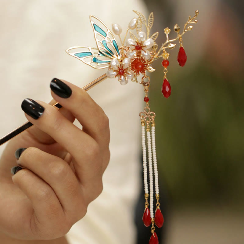 Buddha Stones Classical Chinese Style Flower Branche Butterfly Pearl Tassel Hair Clip Hairpin Hair Crown