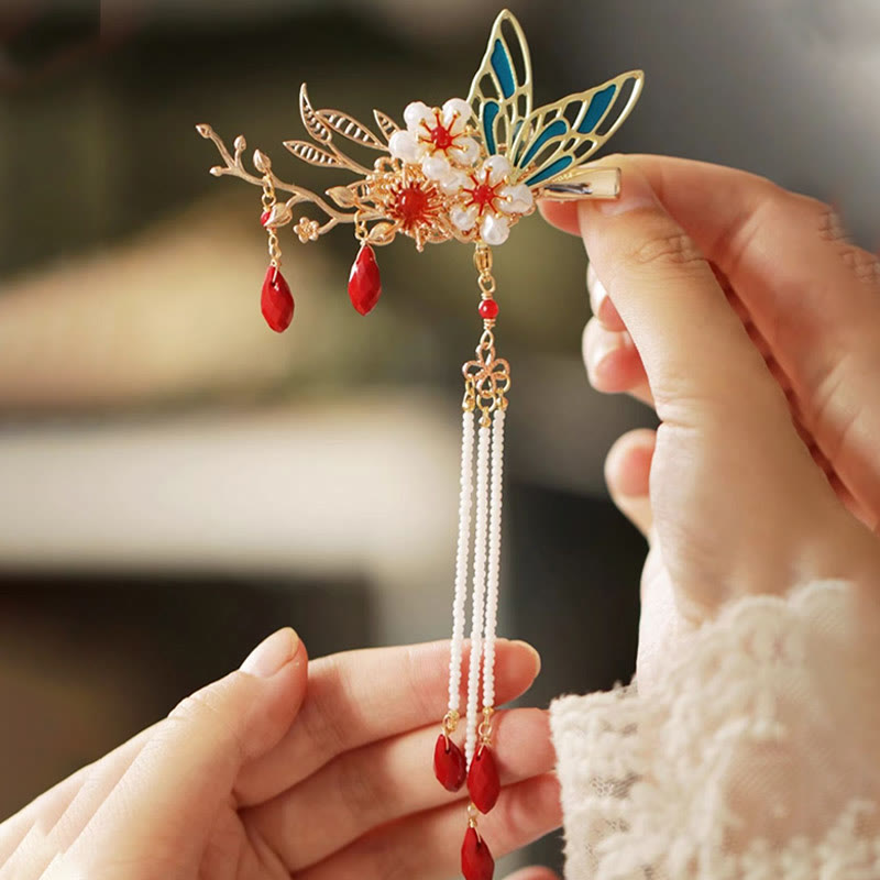 Buddha Stones Classical Chinese Style Flower Branche Butterfly Pearl Tassel Hair Clip Hairpin Hair Crown