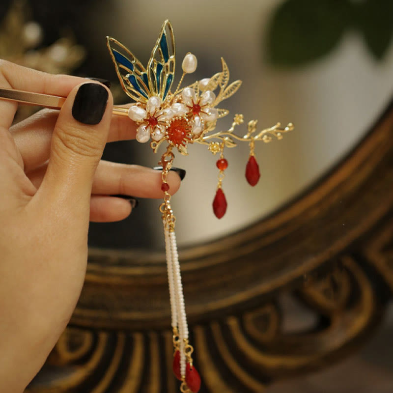 Buddha Stones Classical Chinese Style Flower Branche Butterfly Pearl Tassel Hair Clip Hairpin Hair Crown