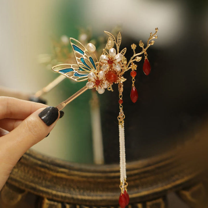 Buddha Stones Classical Chinese Style Flower Branche Butterfly Pearl Tassel Hair Clip Hairpin Hair Crown