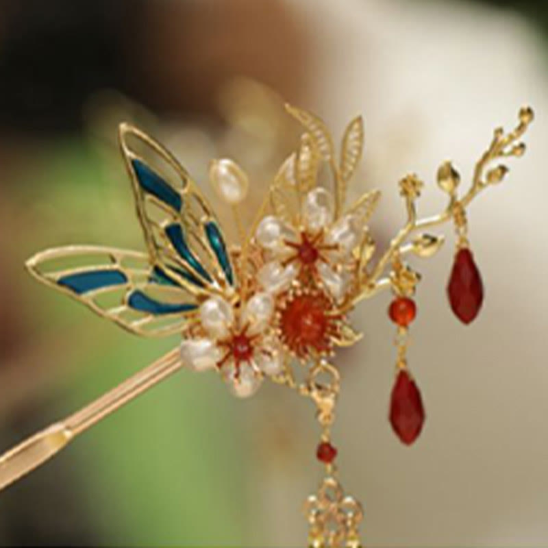 Buddha Stones Classical Chinese Style Flower Branche Butterfly Pearl Tassel Hair Clip Hairpin Hair Crown