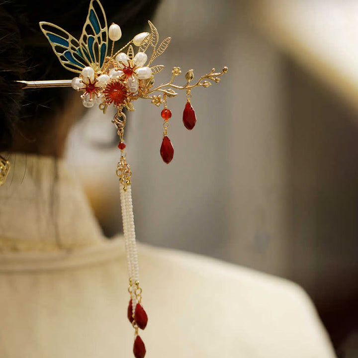 Buddha Stones Classical Chinese Style Flower Branche Butterfly Pearl Tassel Hair Clip Hairpin Hair Crown