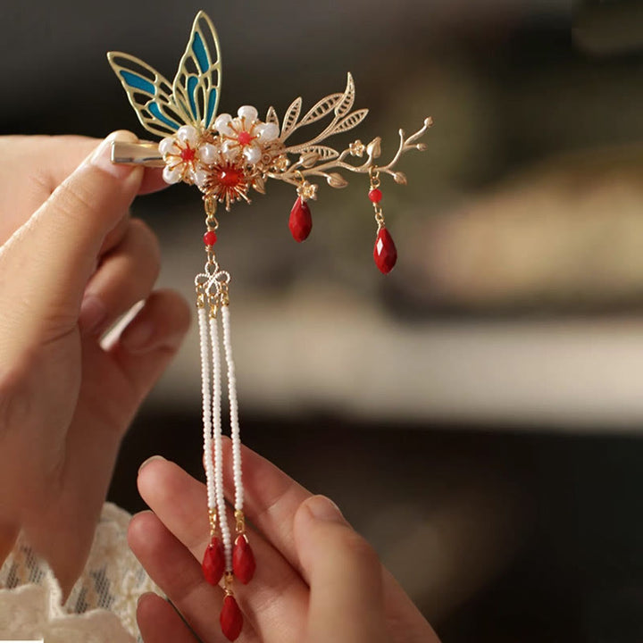 Buddha Stones Classical Chinese Style Flower Branche Butterfly Pearl Tassel Hair Clip Hairpin Hair Crown