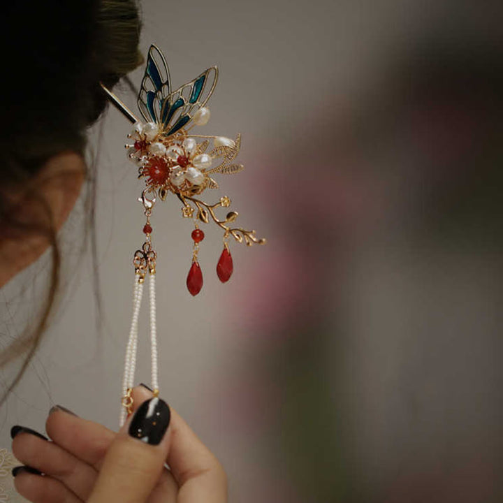 Buddha Stones Classical Chinese Style Flower Branche Butterfly Pearl Tassel Hair Clip Hairpin Hair Crown