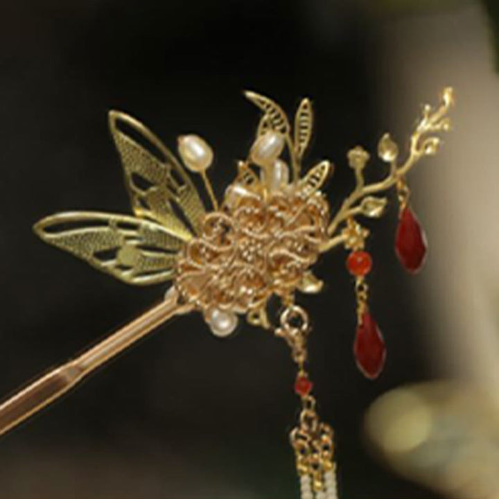 Buddha Stones Classical Chinese Style Flower Branche Butterfly Pearl Tassel Hair Clip Hairpin Hair Crown