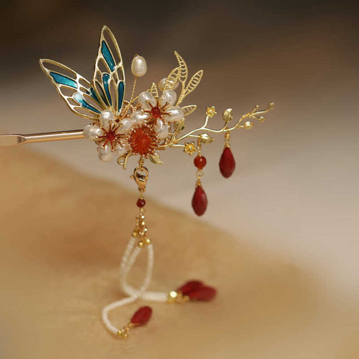 Buddha Stones Classical Chinese Style Flower Branche Butterfly Pearl Tassel Hair Clip Hairpin Hair Crown