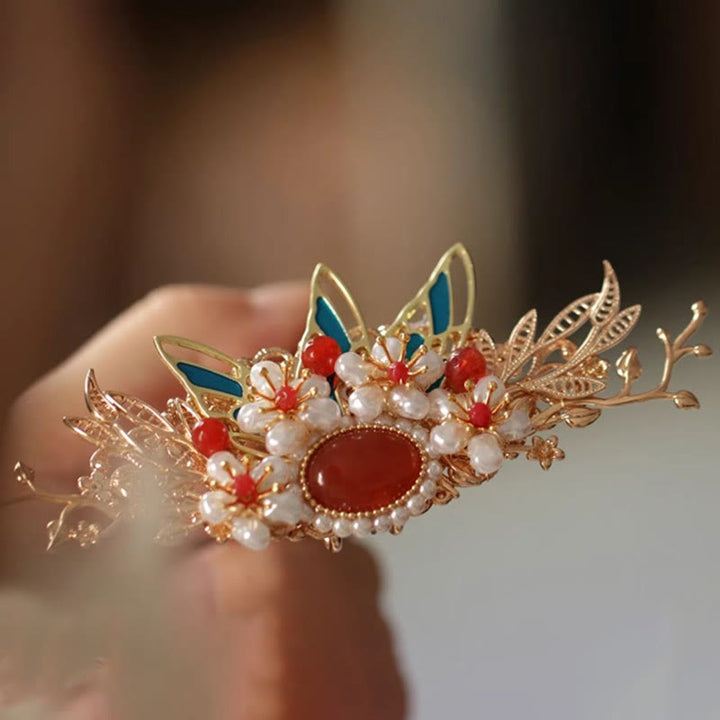 Buddha Stones Classical Chinese Style Flower Branche Butterfly Pearl Tassel Hair Clip Hairpin Hair Crown