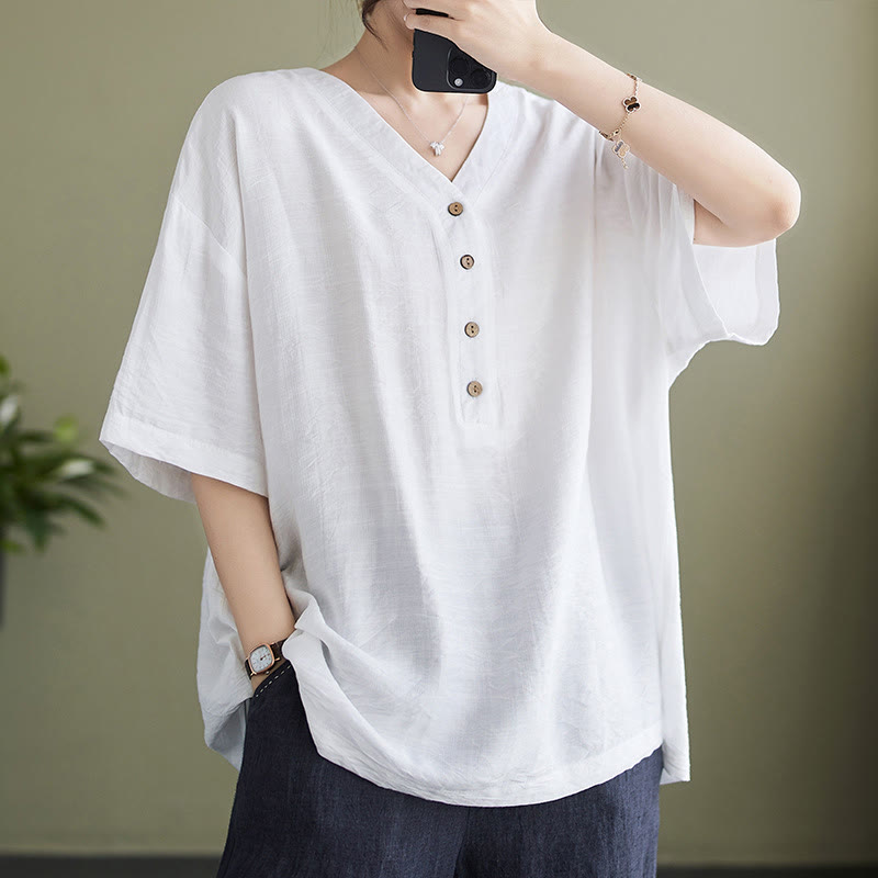 Buddha Stones Casual Plain Women's V-Neck Design Half Sleeve Viscose Shirt - White - US14，UK/AU18，EU46 (3XL) - image 1