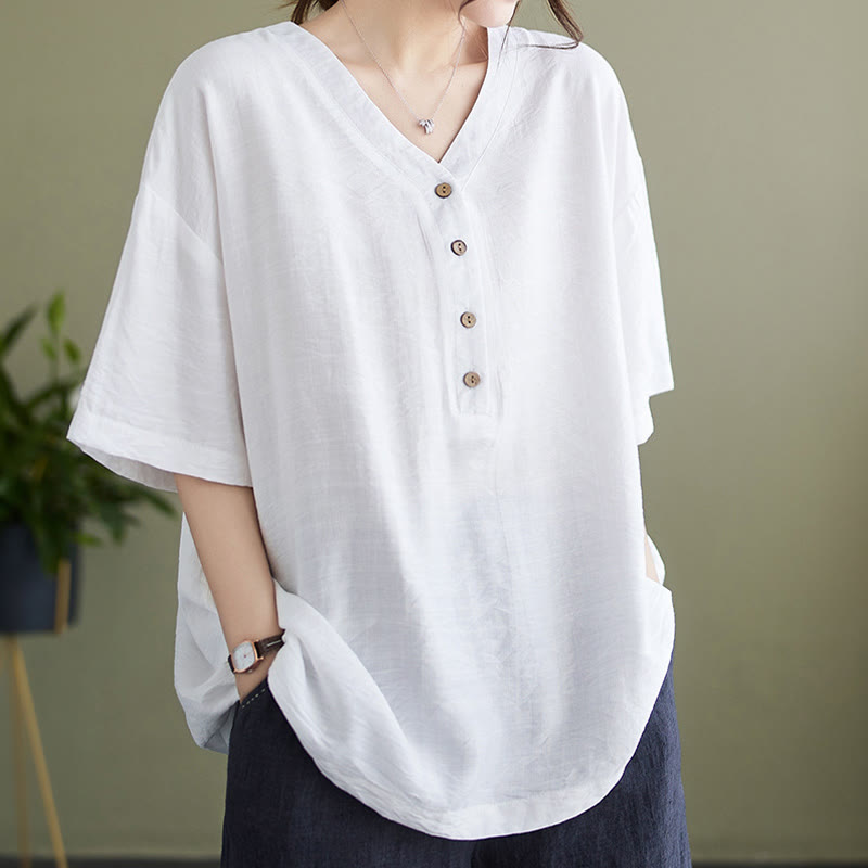 Buddha Stones Casual Plain Women's V-Neck Design Half Sleeve Viscose Shirt