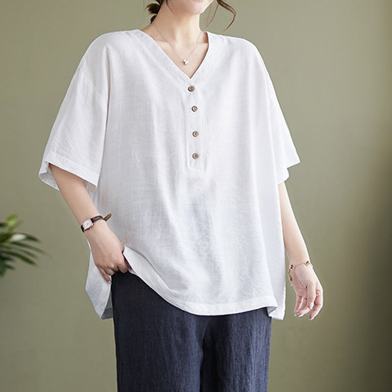 Buddha Stones Casual Plain Women's V-Neck Design Half Sleeve Viscose Shirt