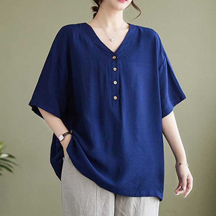 Buddha Stones Casual Plain Women's V-Neck Design Half Sleeve Viscose Shirt