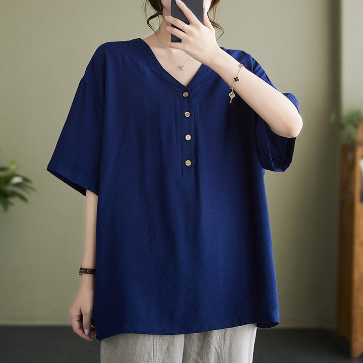 Buddha Stones Casual Plain Women's V-Neck Design Half Sleeve Viscose Shirt