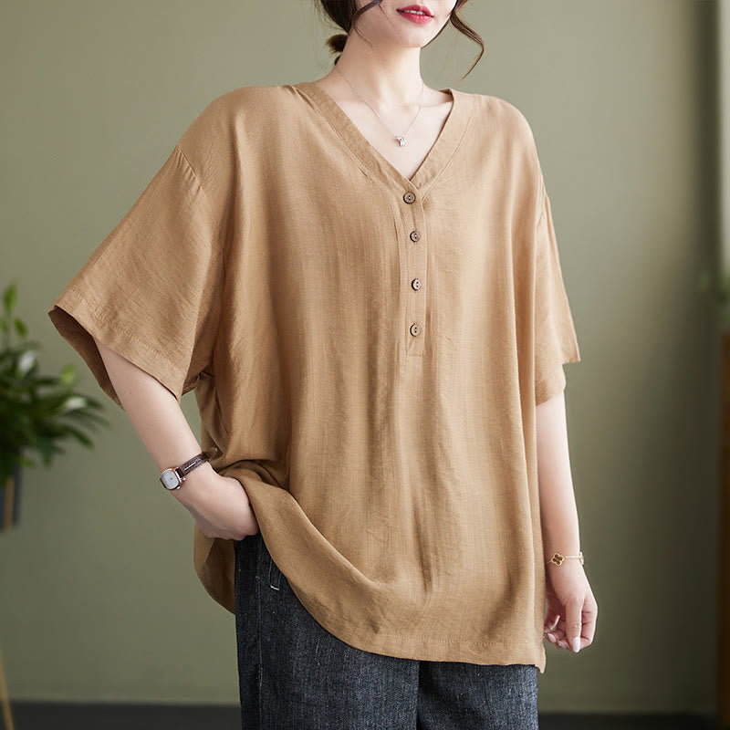 Buddha Stones Casual Plain Women's V-Neck Design Half Sleeve Viscose Shirt