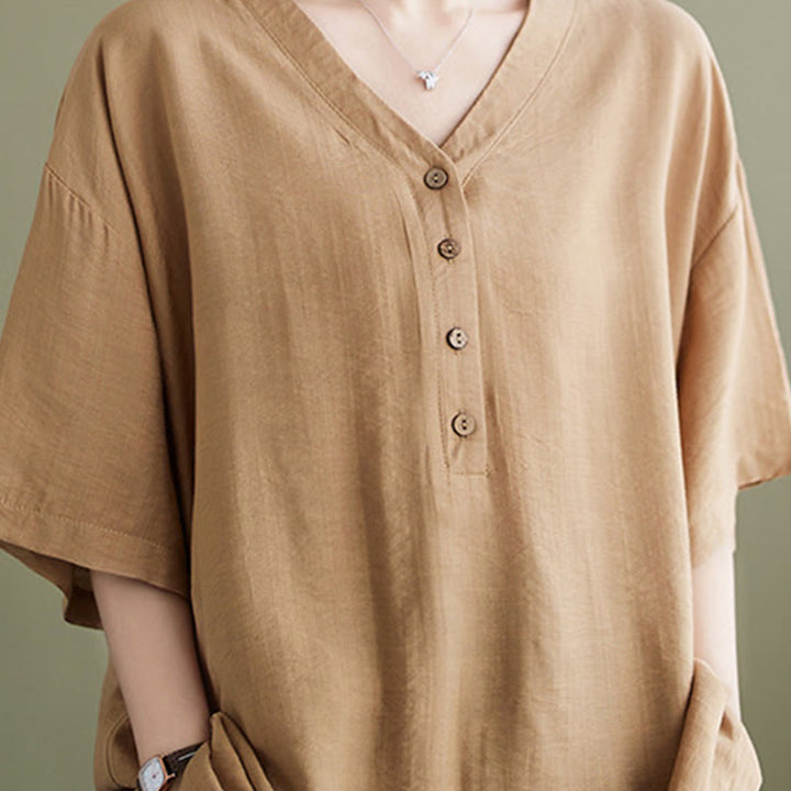 Buddha Stones Casual Plain Women's V-Neck Design Half Sleeve Viscose Shirt