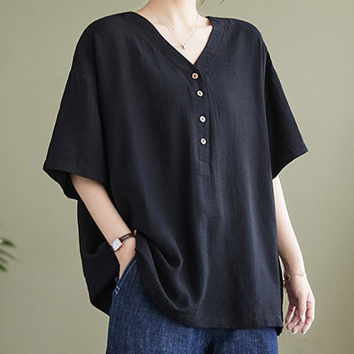 Buddha Stones Casual Plain Women's V-Neck Design Half Sleeve Viscose Shirt