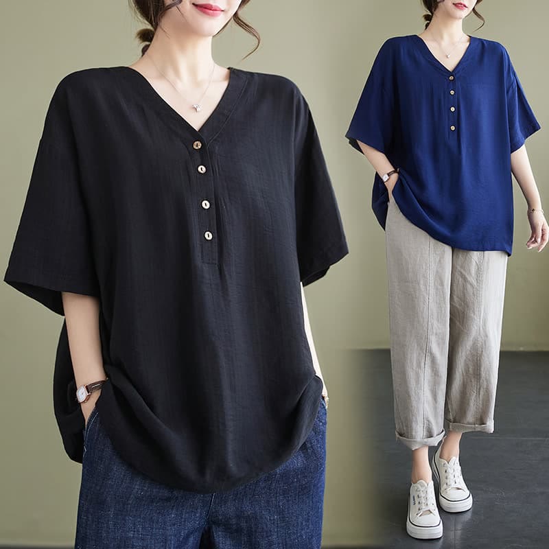 Buddha Stones Casual Plain Women's V-Neck Design Half Sleeve Viscose Shirt - image 0