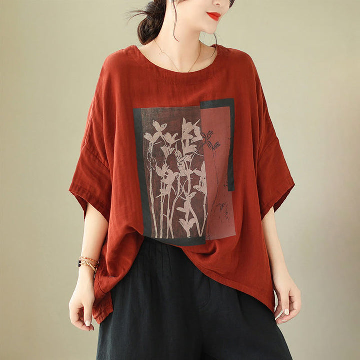 Buddha Stones Casual Flower Prints Women's Crew Neck Design Half Sleeve Cotton Spandex T-shirt