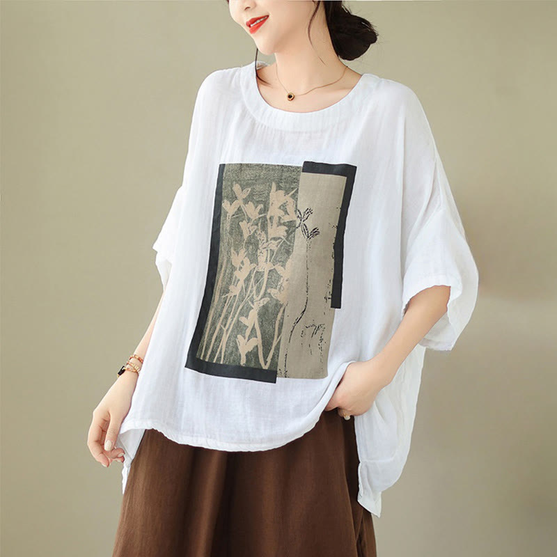 Buddha Stones Casual Flower Prints Women's Crew Neck Design Half Sleeve Cotton Spandex T-shirt